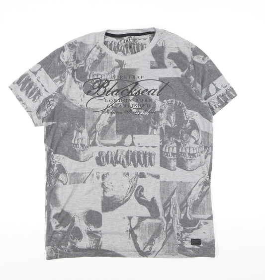 Firetrap Men's Grey Skull Print Crew Neck T-Shirt Size L