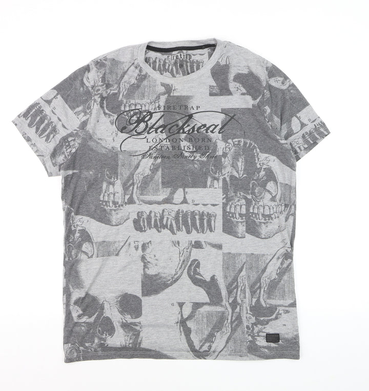 Firetrap Men's Grey Skull Print Crew Neck T-Shirt Size L