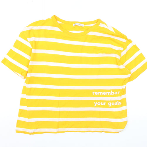 Zara Trafaluc Women's Yellow Striped Cropped Cotton T-Shirt S