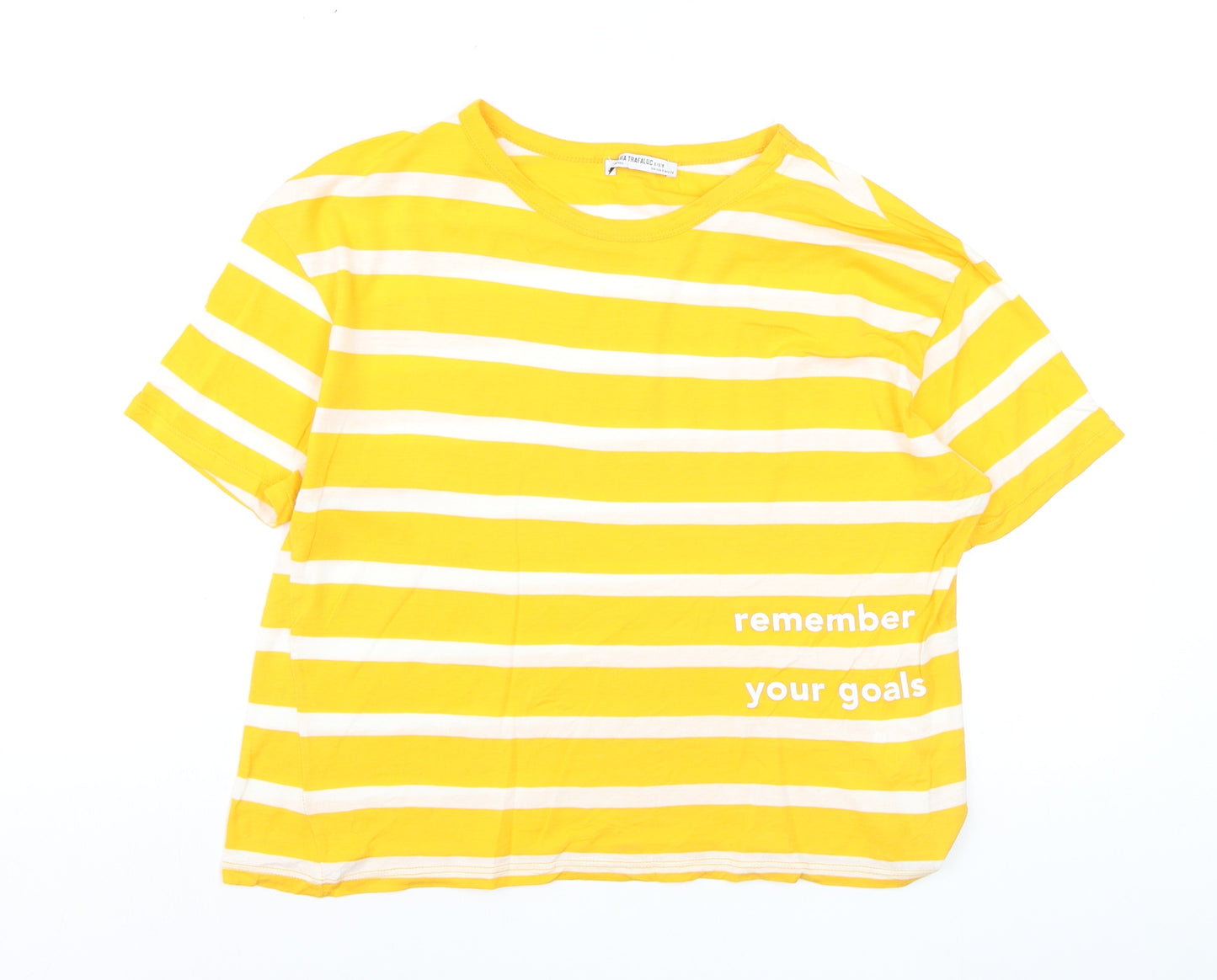 Zara Trafaluc Women's Yellow Striped Cropped Cotton T-Shirt S