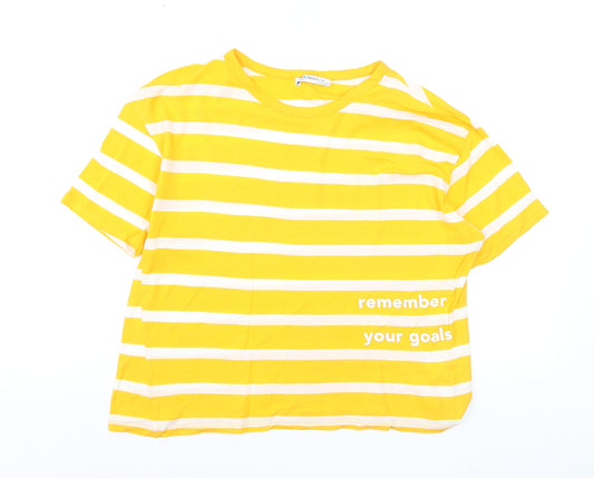 Zara Trafaluc Women's Yellow Striped Cropped Cotton T-Shirt S
