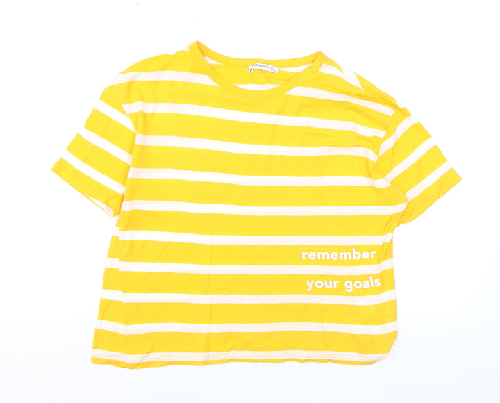 Zara Trafaluc Women's Yellow Striped Cropped Cotton T-Shirt S