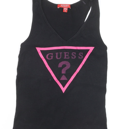 Guess Womens Black XS V-Neck Logo Tank Top