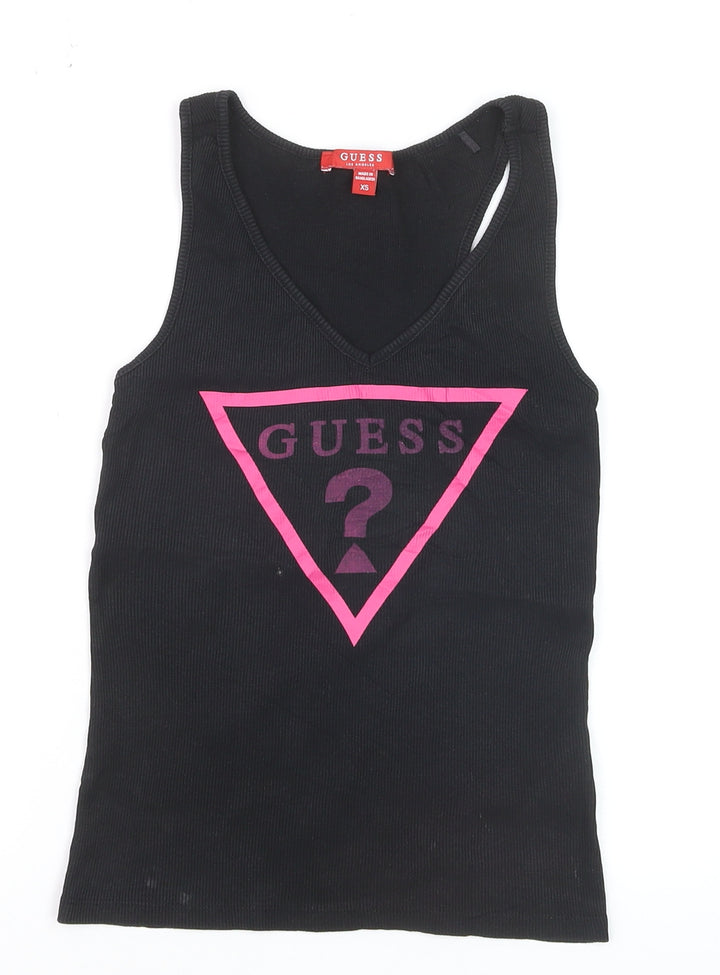 Guess Womens Black XS V-Neck Logo Tank Top