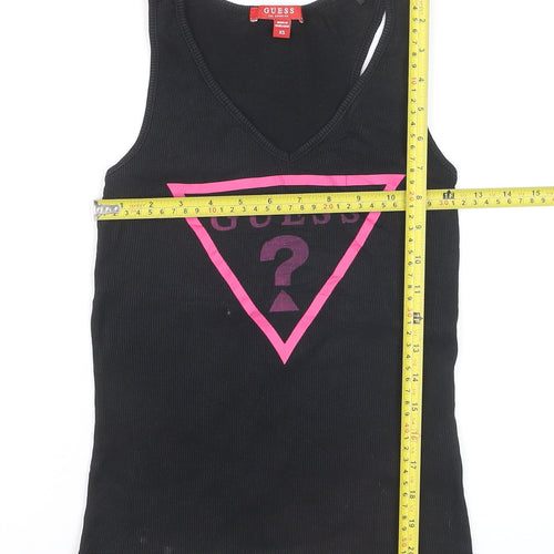 Guess Womens Black XS V-Neck Logo Tank Top