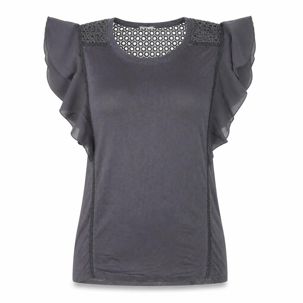 Front view of Nine by Savannah Miller Women's Grey Lace Ruffle Blouse, size 12