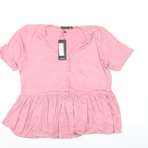 Boohoo Women's Pink Peplum V-Neck Short Sleeve Blouse Size 16