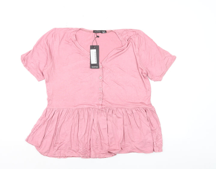 Boohoo Women's Pink Peplum V-Neck Short Sleeve Blouse Size 16