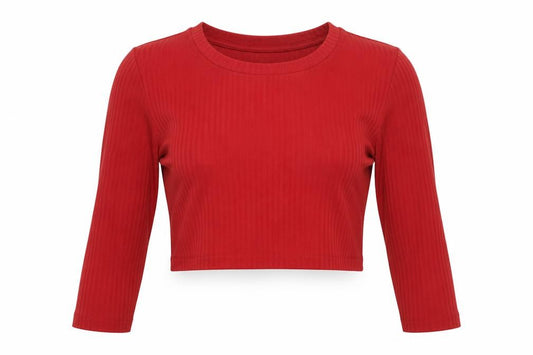 Front view of H&M Maternity Red Cropped Long Sleeve Jersey T-Shirt, size 14