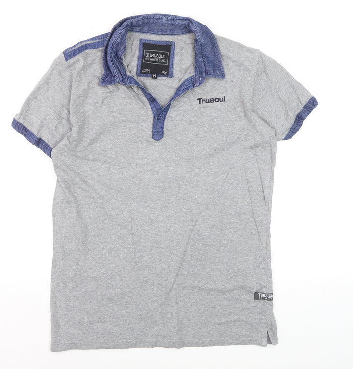 Trusoul Men's Grey Short Sleeve Denim Collar Polo Shirt Size M
