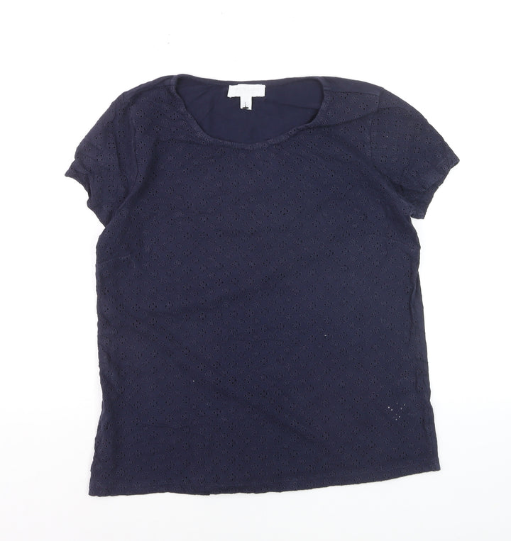 The White Company Women Navy Blue Eyelet Cotton Short Sleeve T-Shirt Size 10