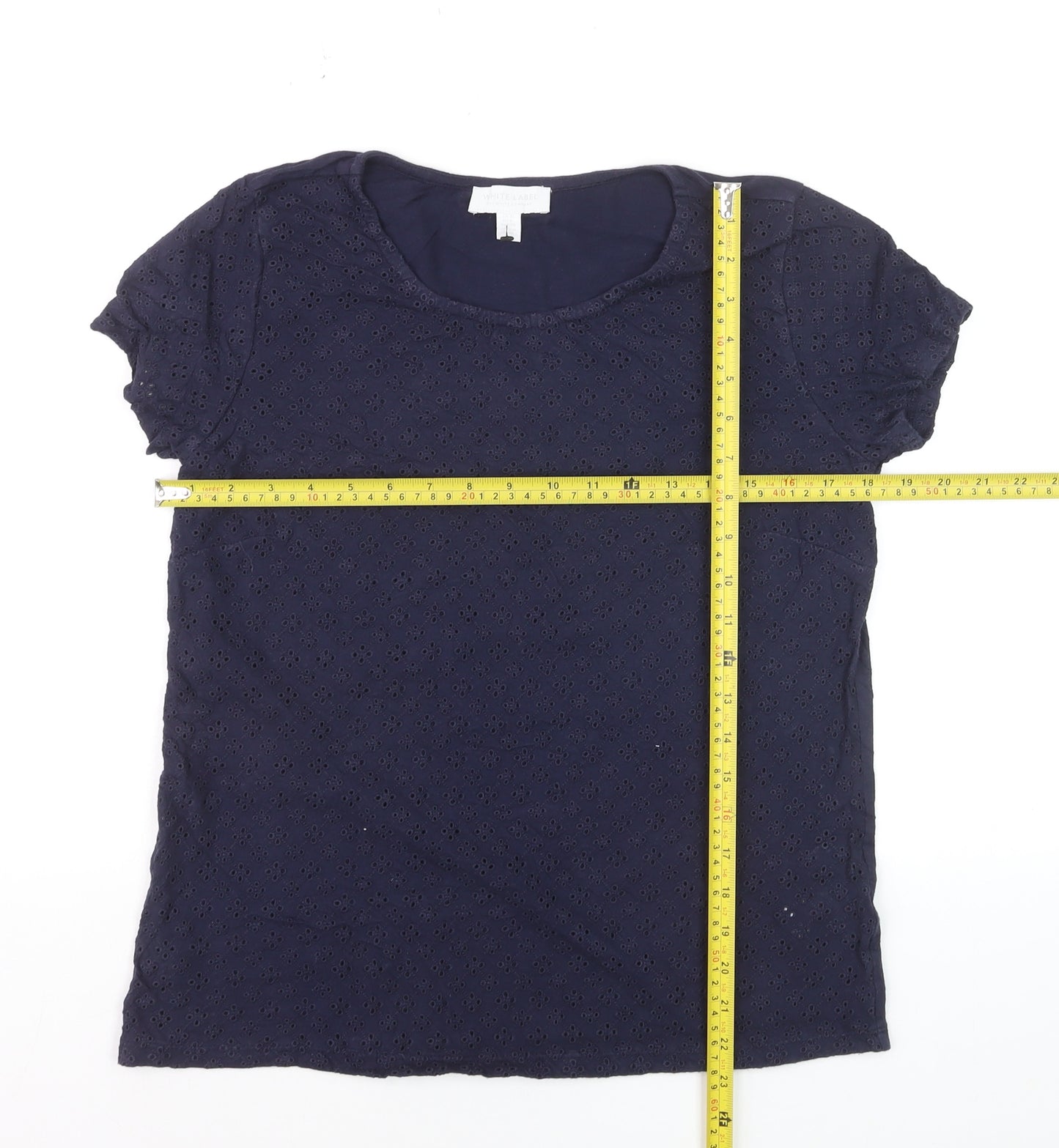 The White Company Women Navy Blue Eyelet Cotton Short Sleeve T-Shirt Size 10