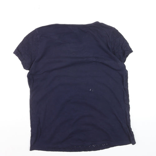 The White Company Women Navy Blue Eyelet Cotton Short Sleeve T-Shirt Size 10