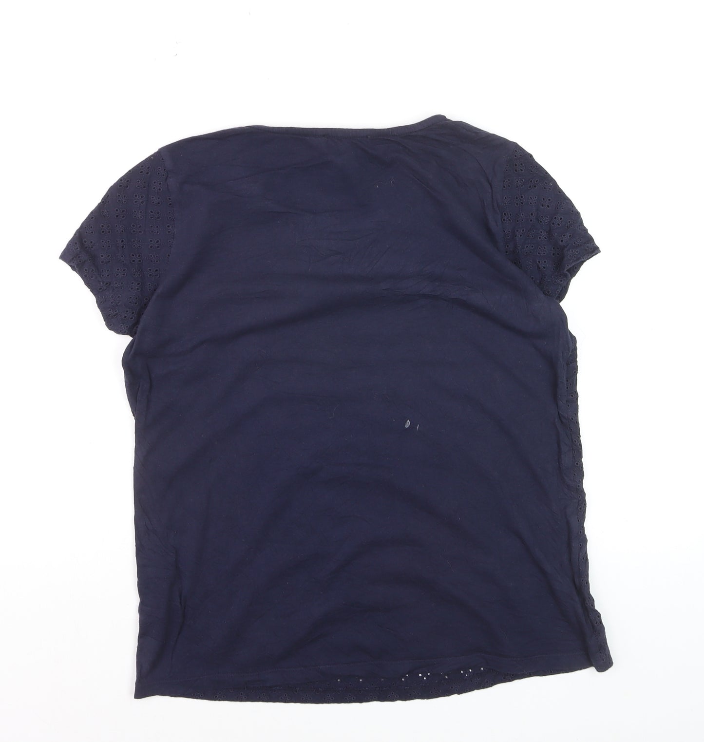 The White Company Women Navy Blue Eyelet Cotton Short Sleeve T-Shirt Size 10