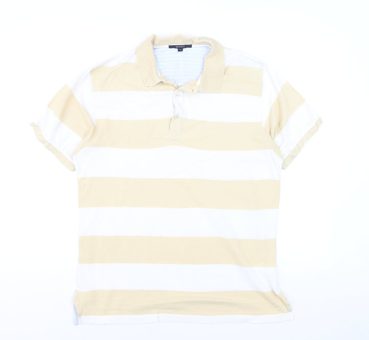 GANT Men’s Beige White Striped Short Sleeve Polo Shirt Size M