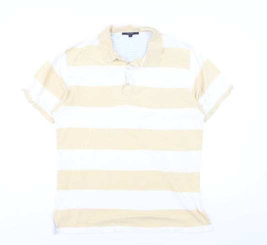 GANT Men’s Beige White Striped Short Sleeve Polo Shirt Size M