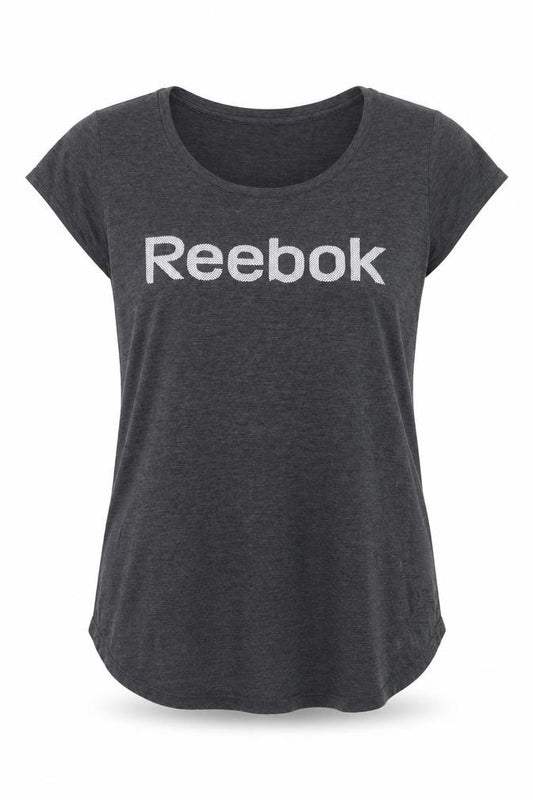Front view of Reebok women’s grey short sleeve crew neck t-shirt, size L