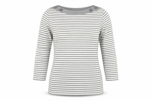 Front view of Zara Women Grey Striped Boat Neck Long Sleeve T-Shirt, size 12