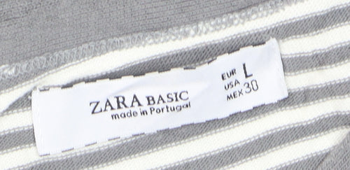 Zara Women Grey Striped Boat Neck Long Sleeve T-Shirt Size 12