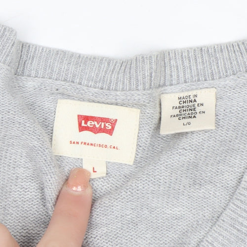 Levi's Men's Grey V-Neck Wool Jumper L Classic Knitwear