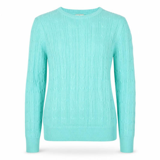 Front view of St John's Bay Women's Blue Cable-Knit Cotton Jumper, size M