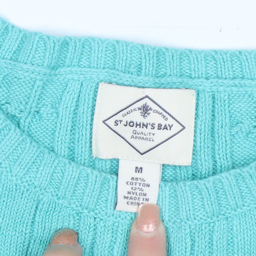 St John's Bay Women's Blue Cable-Knit Cotton Jumper Size M