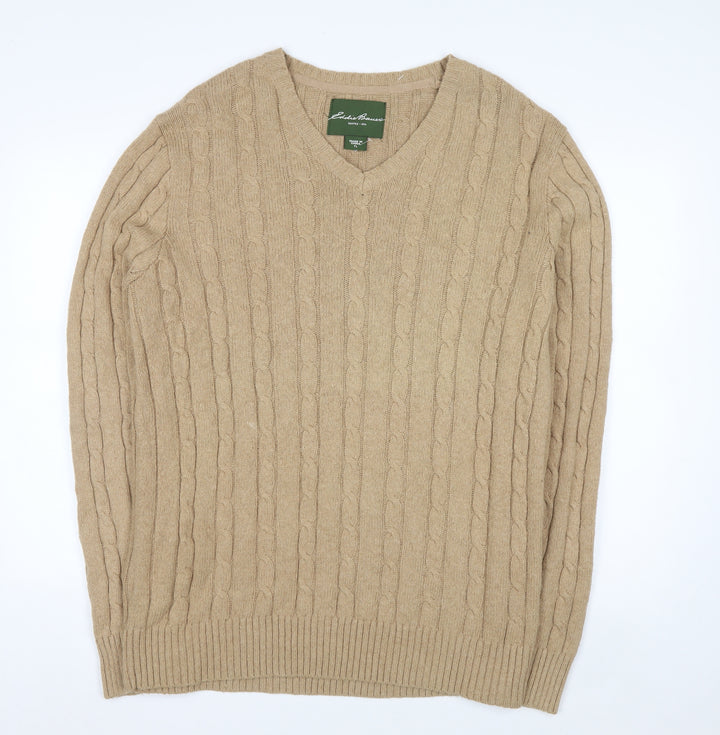 Eddie Bauer Men's Beige XL Cable-Knit V-Neck Pullover Jumper