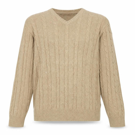 Front view of Eddie Bauer Men's Beige XL Cable-Knit V-Neck jumper