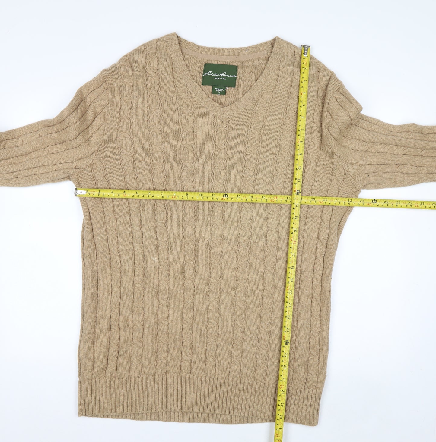 Eddie Bauer Men's Beige XL Cable-Knit V-Neck Pullover Jumper