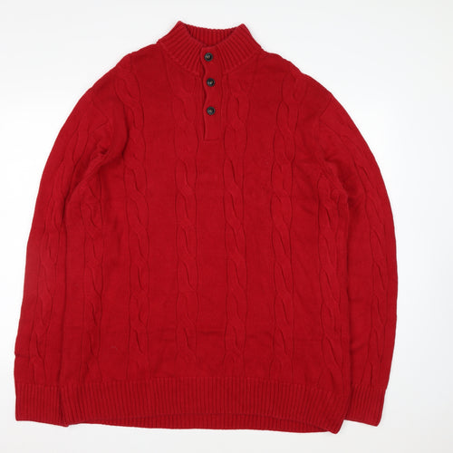 Chaps Men's Red 2XL Cable-Knit Cotton Henley Jumper