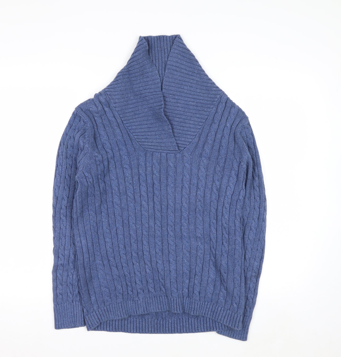 L.L.Bean Men's Blue Cable-Knit Cotton V-Neck Jumper Size L