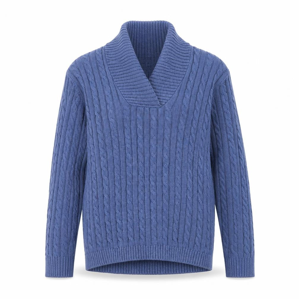L.L.Bean Men's Blue Cable-Knit Cotton V-Neck Jumper Size L