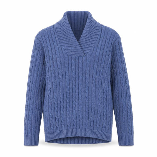 Front view of L.L.Bean Men's Blue Cable-Knit Cotton V-Neck Jumper, size L