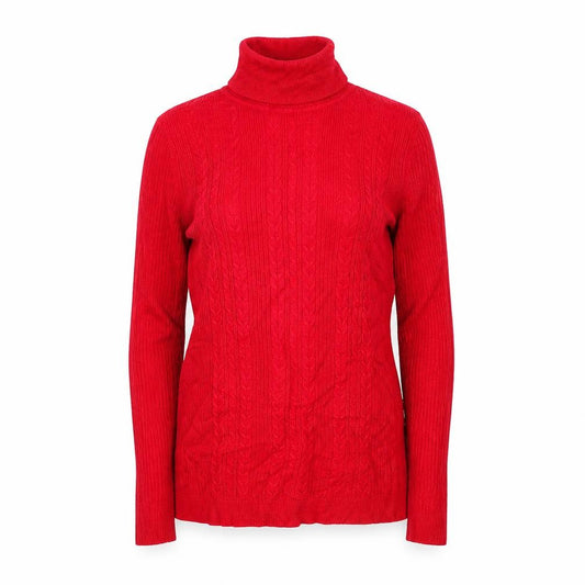 Front view of Talbots Women Red Cable-Knit Roll Neck Jumper Petite P Cotton Blend