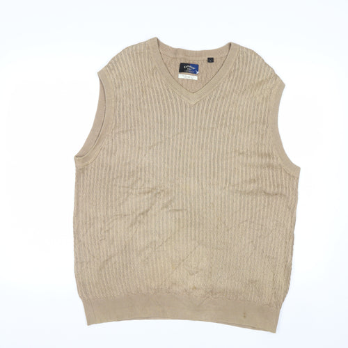 Callaway Men Beige Cotton Golf Vest L V-Neck Sleeveless Jumper