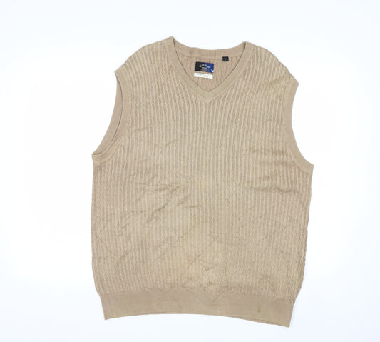 Callaway Men Beige Cotton Golf Vest L V-Neck Sleeveless Jumper