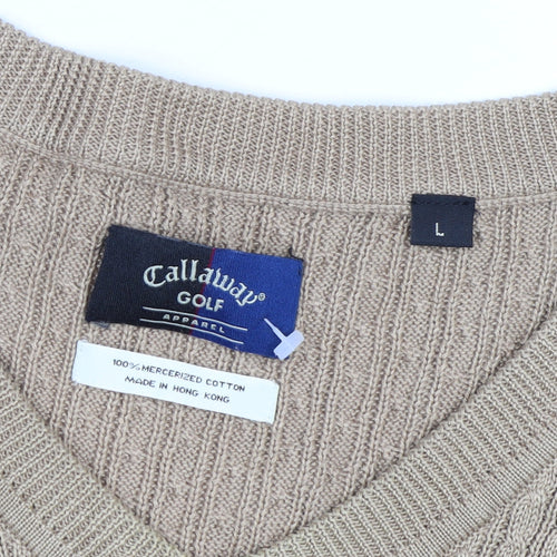 Callaway Men Beige Cotton Golf Vest L V-Neck Sleeveless Jumper