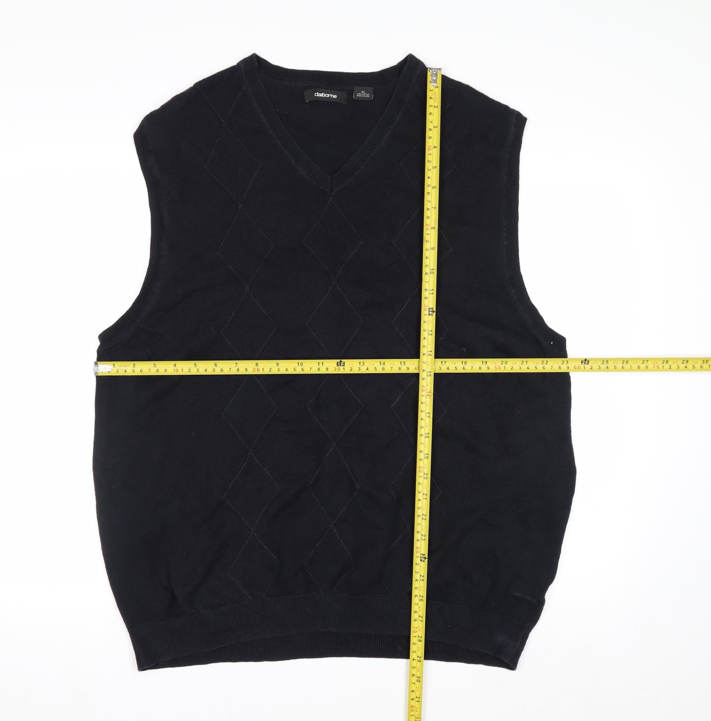 Claiborne Men's Black Cotton Argyle Sleeveless V-Neck Vest XL