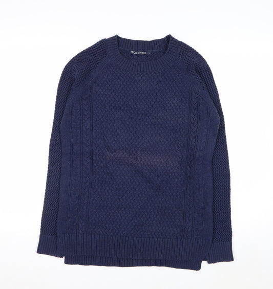 Woolovers Men's Blue Cotton Cable Knit Crew Neck Jumper Size S