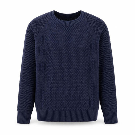 Front view of Woolovers Men's Blue Cotton Cable Knit Crew Neck Jumper, size S