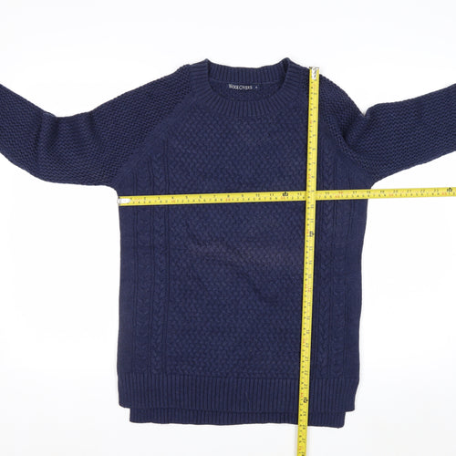Woolovers Men's Blue Cotton Cable Knit Crew Neck Jumper Size S