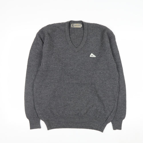 Monte Carlo Men's Grey Wool V-Neck Jumper L Classic Knit Pullover