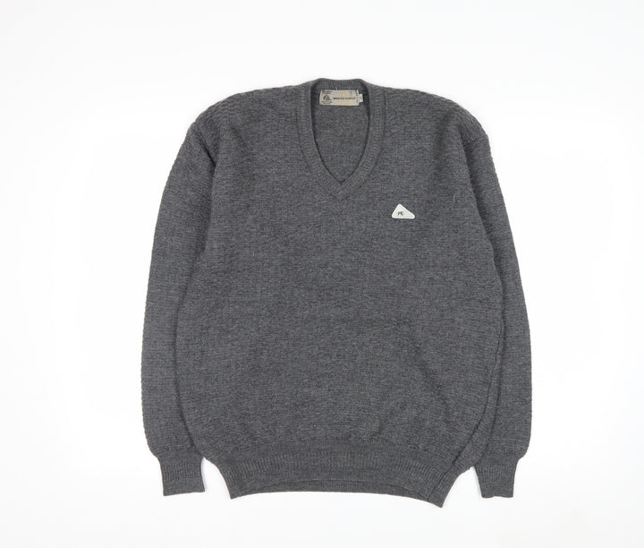 Monte Carlo Men's Grey Wool V-Neck Jumper L Classic Knit Pullover