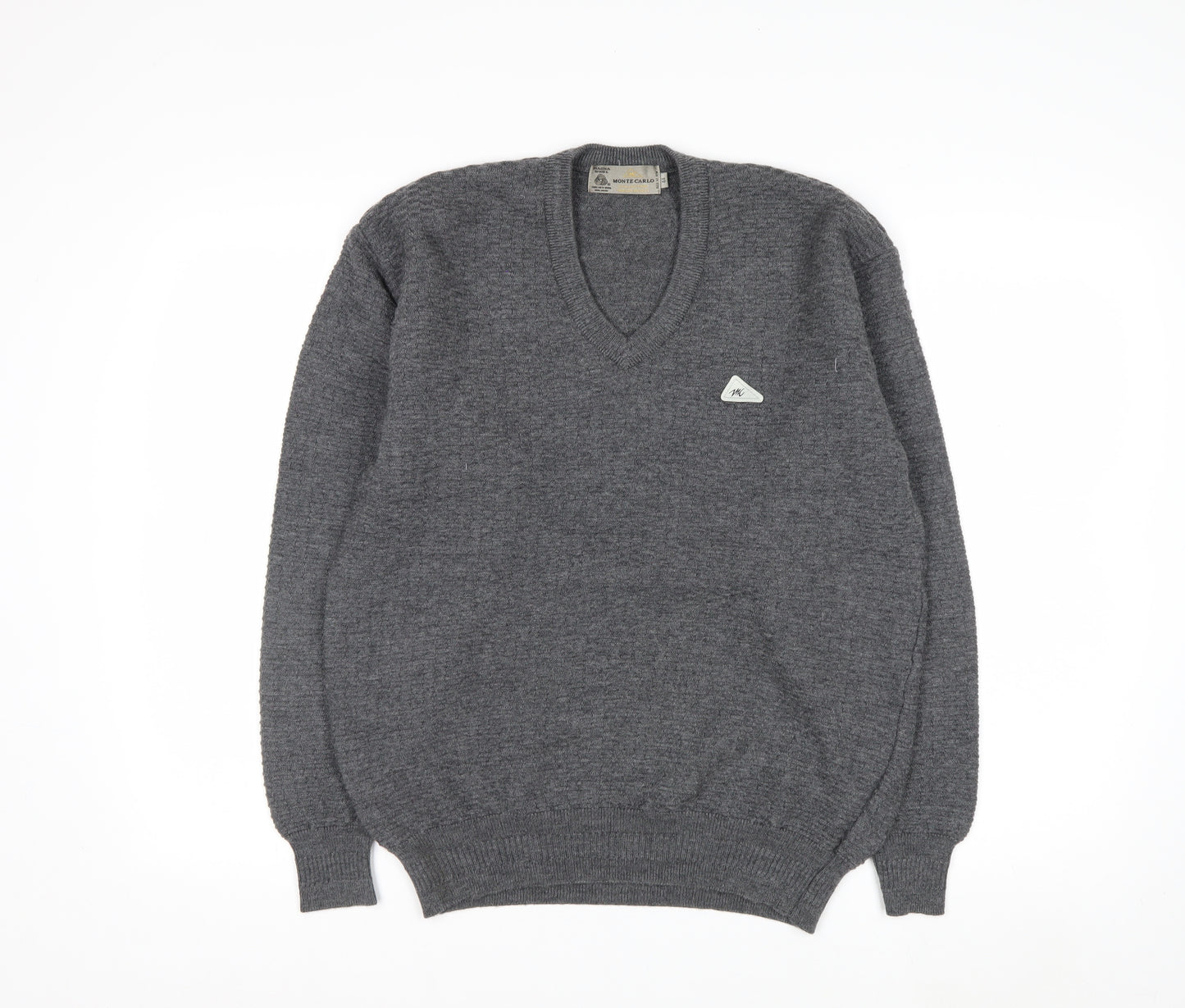 Monte Carlo Men's Grey Wool V-Neck Jumper L Classic Knit Pullover