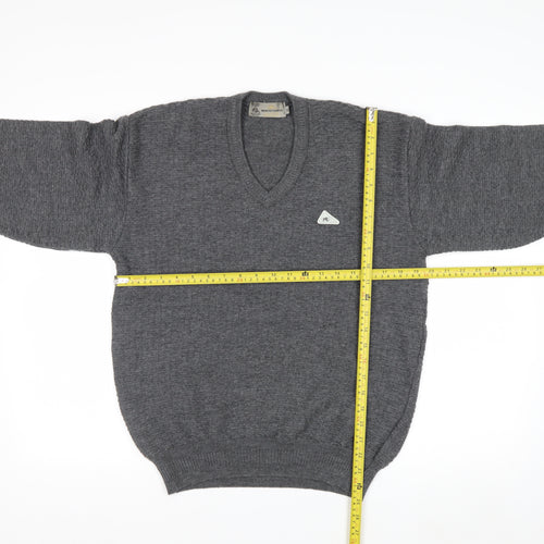 Monte Carlo Men's Grey Wool V-Neck Jumper L Classic Knit Pullover