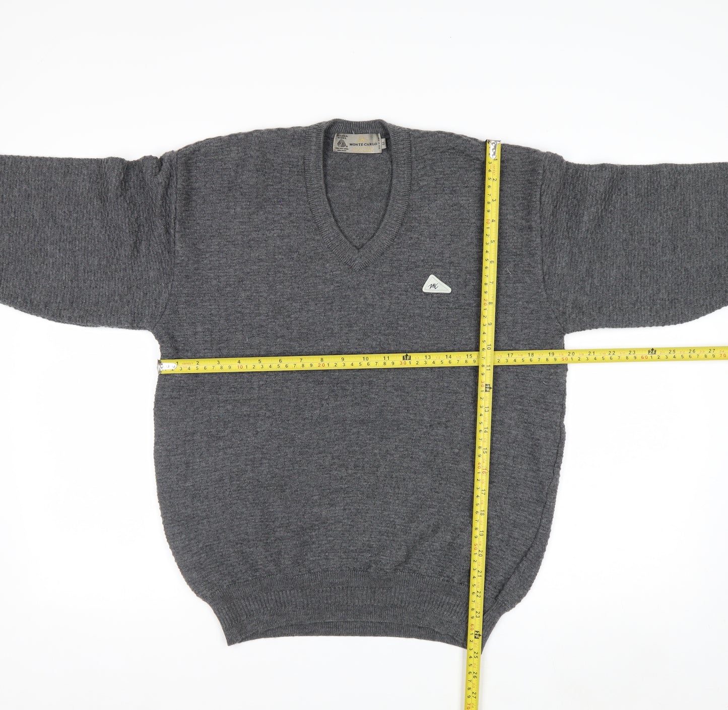 Monte Carlo Men's Grey Wool V-Neck Jumper L Classic Knit Pullover
