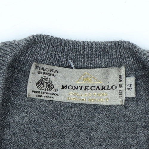 Monte Carlo Men's Grey Wool V-Neck Jumper L Classic Knit Pullover