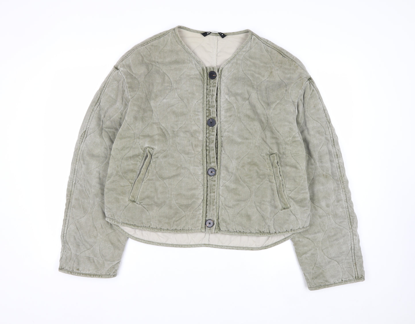 Zara Women Green Quilted Cotton Short Jacket Size 12