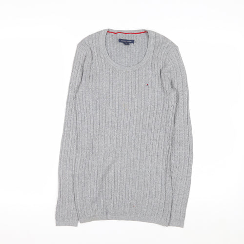 Tommy Hilfiger Women Grey Cable-Knit Jumper XS Classic Crew Neck