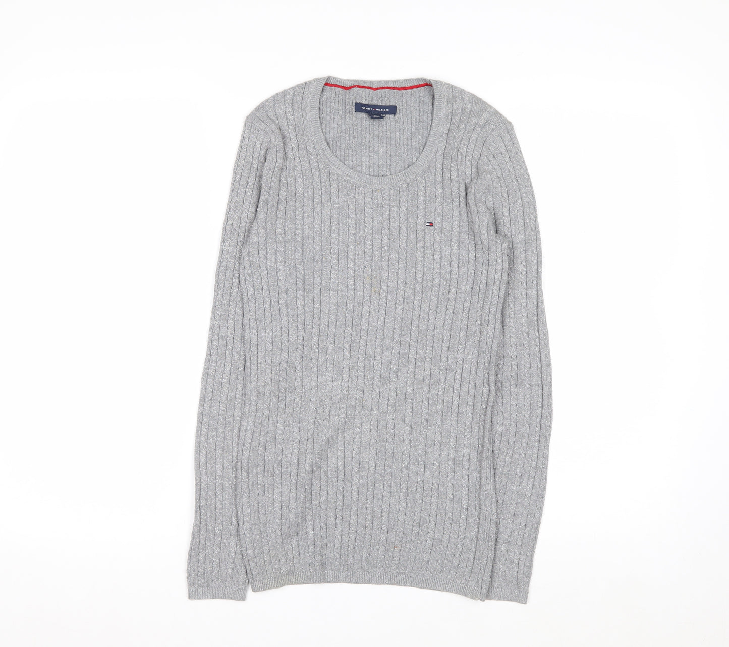 Tommy Hilfiger Women Grey Cable-Knit Jumper XS Classic Crew Neck